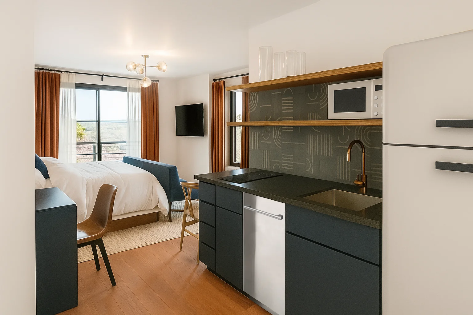 Modern studio apartment with a compact kitchen, bed, desk, large window with curtains, wall-mounted TV, and contemporary lighting.