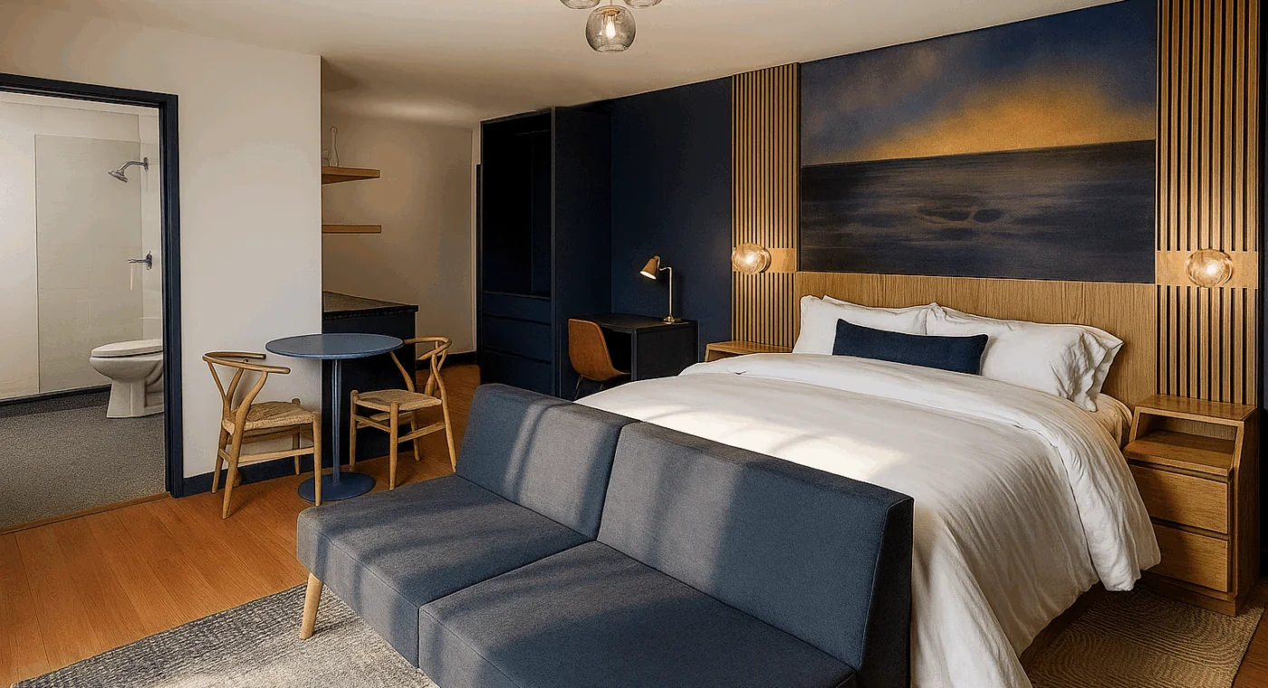 Modern hotel room with a double bed, navy blue sofa, small table with chairs, desk, and an open bathroom visible in the background.