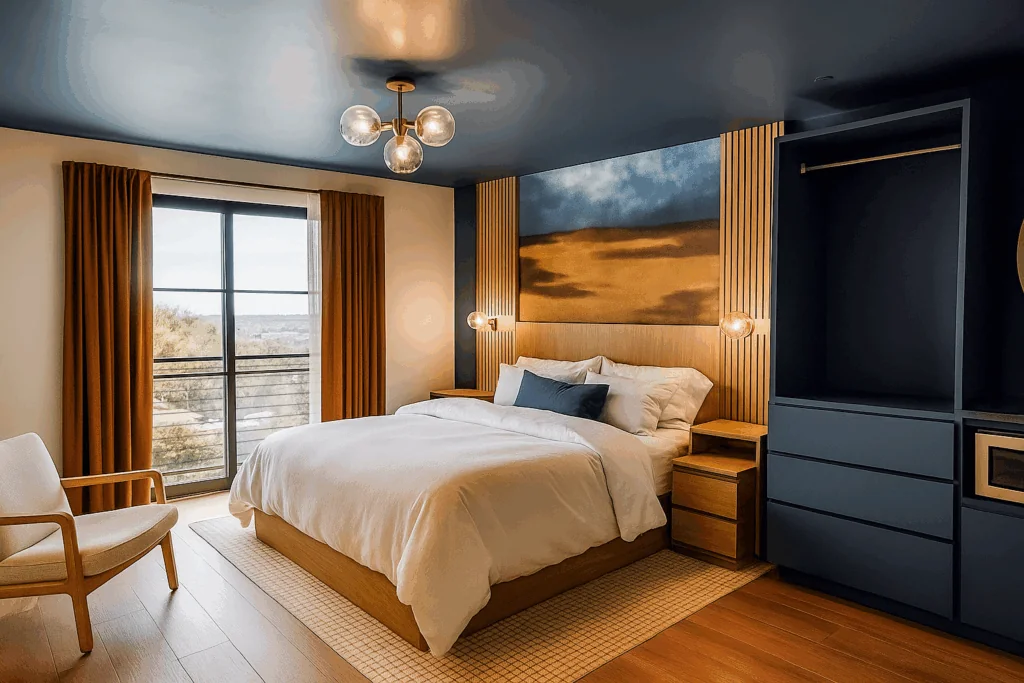 A modern bedroom with a bed, white bedding, navy accents, wooden furniture, orange curtains, and a large window letting in natural light.
