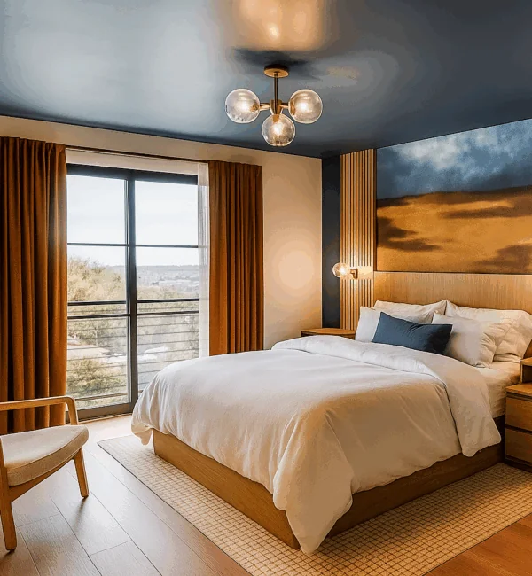 A modern bedroom with a bed, white bedding, navy accents, wooden furniture, orange curtains, and a large window letting in natural light.