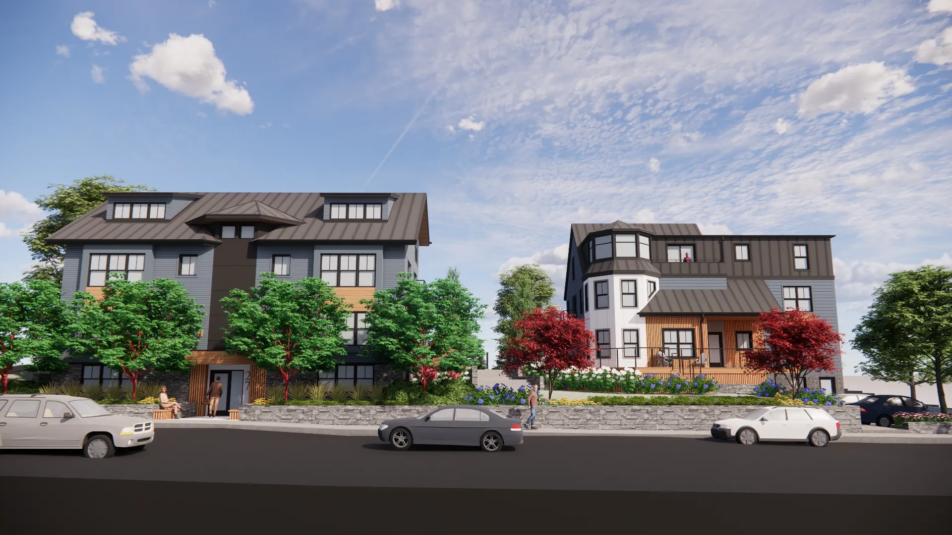 Two modern three-story houses with black roofs, trees, and parked cars on the street under a blue sky with scattered clouds.