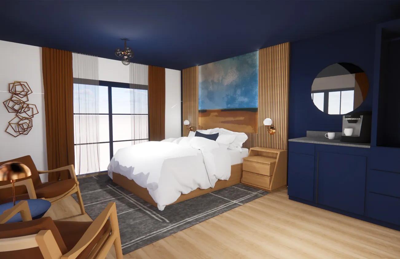 Modern hotel room with a large bed, blue accents, wooden furniture, a round mirror, window with curtains, and a wall art above the bed.