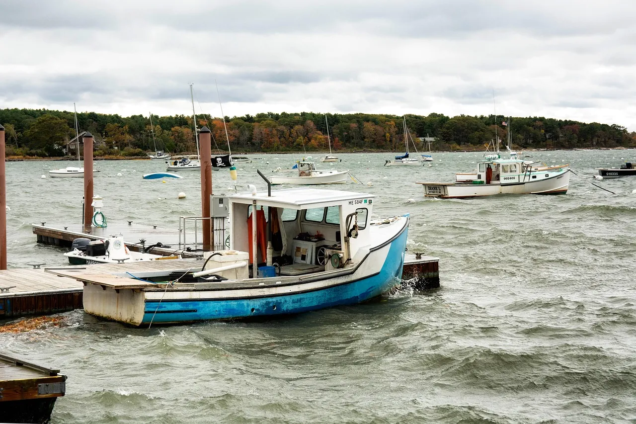 A small blue and white fishing boat is docked on choppy water, with several other boats and a forested shoreline in the background under a cloudy sky.